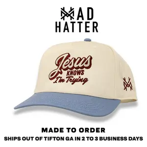 Jesus Knows I'm Trying Embroidered Trucker Hat Snapback Adjustable (Up To Size 8 Head)