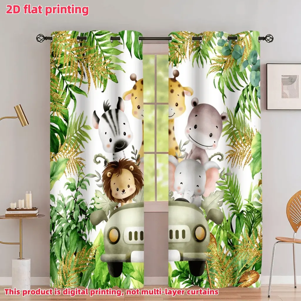 2D Flat 2Pcs Cartoon Safari Animal Print Curtain, Jungle Theme, with Loop, Perforated Design, Semi Sunshade, for Home Living Room, Bedroom, Balcony, Kitchen, Study Window Decoration, Accessory, Anti Privacy.