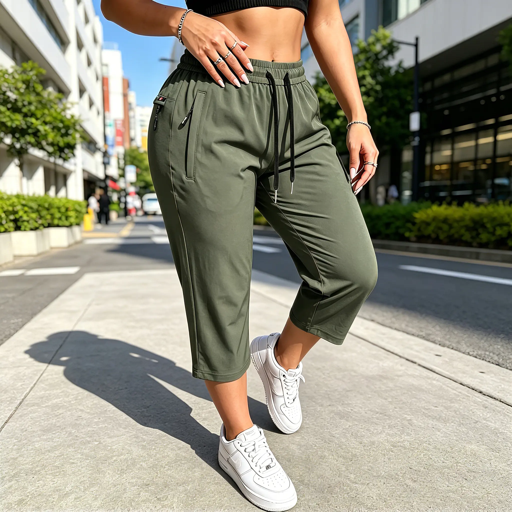 pea green summer High-Stretch Ice Silk Capri Pants for Women Quick-Dry Lightweight 7/8 Jogger Pants with 3 Zipper Pockets, Elastic Waist Athletic Casual Trousers for Running, Gym & Everyday Wear Womenswear Athleisure Style Bottoms