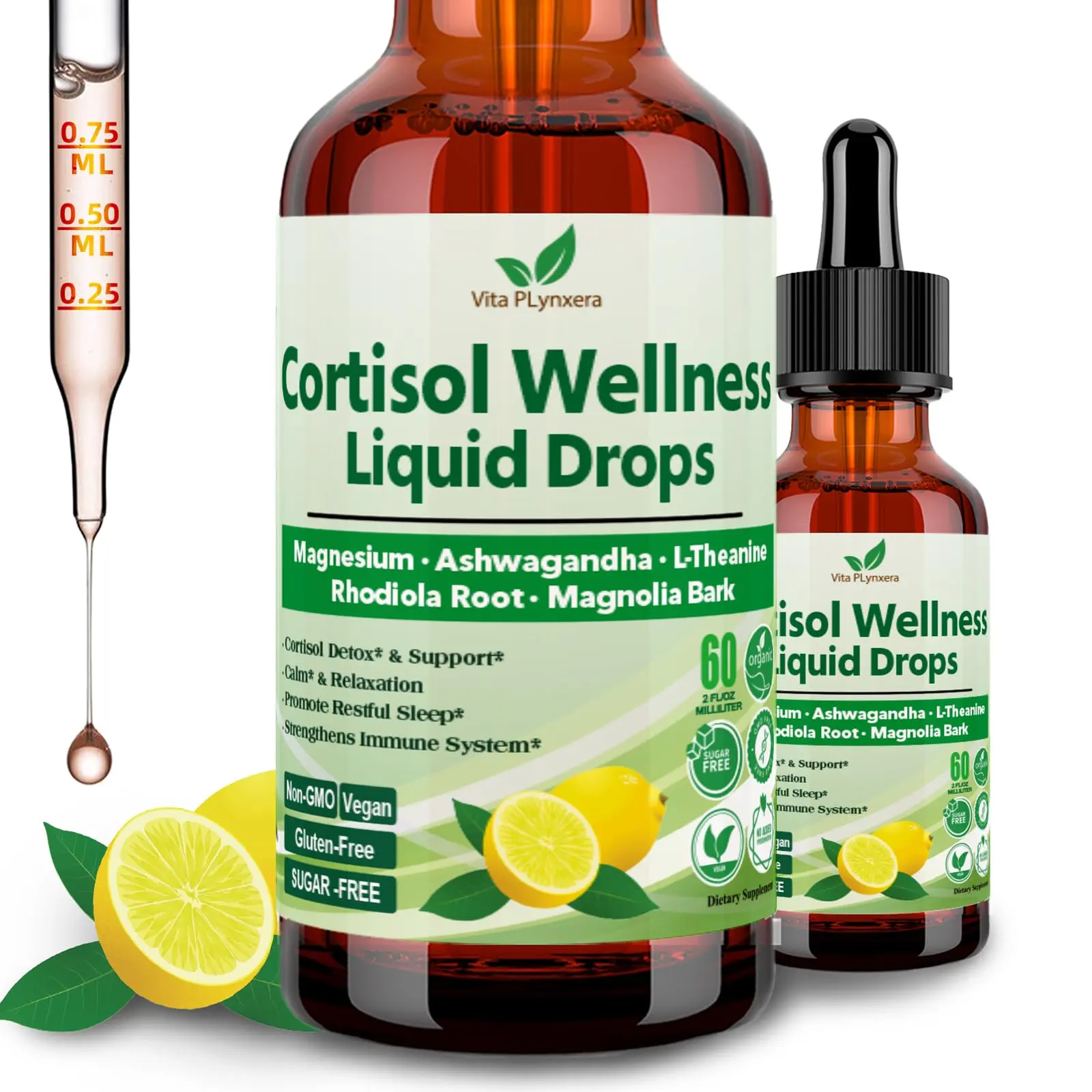 Cortisol Supplement Liquid Drops, 17-in-1 Cortisol Detox w. Magnesium Glycinate 400mg Ashwagandha, L-Theanine, Phosphatidylserine, Hormone Balanced for Women, Mood Focus, Sleep Support