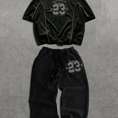 TikMen Men's Casual Fitness Sportswear Set Casual Activewear Set Athleisure Wear Set Sporty Set Workout Sets Short Sleeve T-Shirt & Loose Straight Leg Pants, Round Neck Fitted Top, Comfortable Soft Fabric, Sweatsuit Sets, Sweatsuit Set Outfit