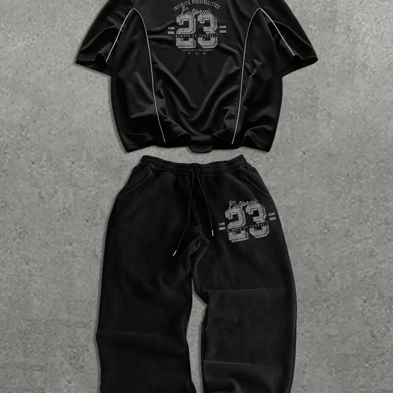 TikMen Men's Casual Fitness Sportswear Set Casual Activewear Set Athleisure Wear Set Sporty Set Workout Sets Short Sleeve T-Shirt & Loose Straight Leg Pants, Round Neck Fitted Top, Comfortable Soft Fabric, Sweatsuit Sets, Sweatsuit Set Outfit
