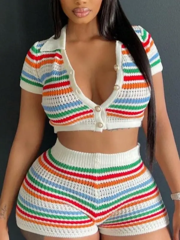 Apperloth Studio Women's Rainbow Striped Hollow Out Crochet Knit 2 Piece Outfit, Short Sleeve Polo Collar Pearl Button Crop Top High Waist Elastic Shorts Matching Set Summer Beach Club Tracksuit