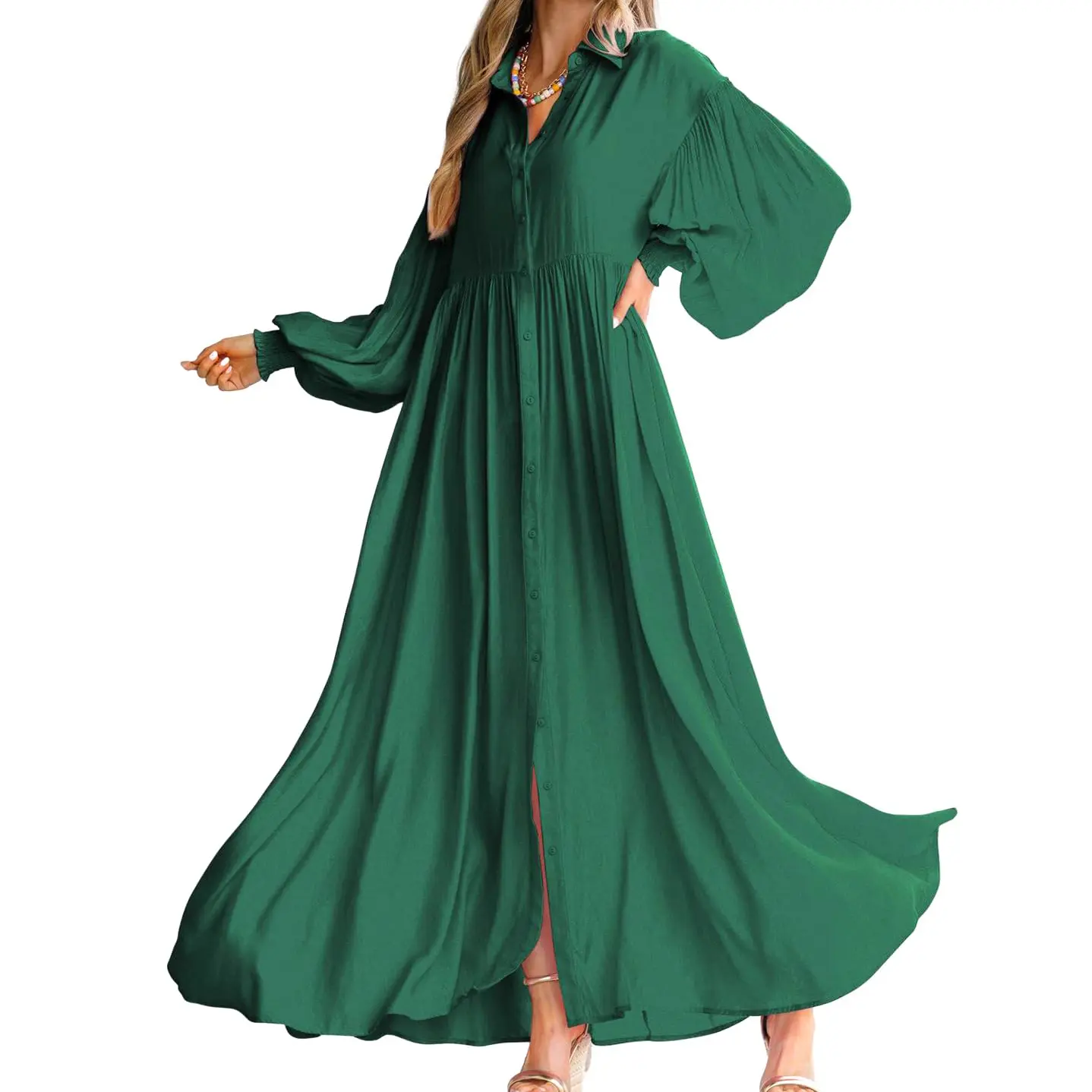 Chouyatou Women's Casual Long Sleeve Button Down Shirt Dress Elegant  Pleated Flowy Swing Maxi Dress Summer Womenswear Black Collared - TikTok  Shop