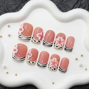 Divineluxe Nails｜10PCS 100% Handmade Press-On Nails｜Reusable Colorful Art Acrylic Stylish｜Luxury Nude French Tip 3D Flower｜C021 0.8 Inch