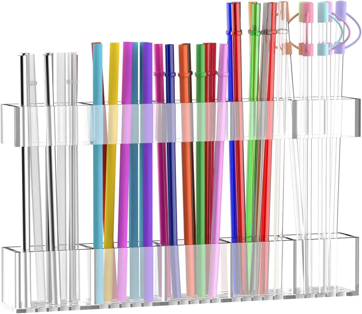 Transparent Acrylic Straw Holder Rack for Cabinet Door, 9.8” Adjustable 2-Part Large Organizer with Ultra Sticky Adhesive Strips, Reusable Utensil Storage for Kitchen Cupboard, Straw Holder Racks & Displays