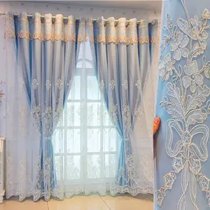 1pc Full Light Blocking Double Layer Korean Style Fresh Curtain Bow Embroidered Lace, Finished Double Layer with Lace Bedroom Cream Color Living Room New Relief Embroidery Curtains Window Curtain