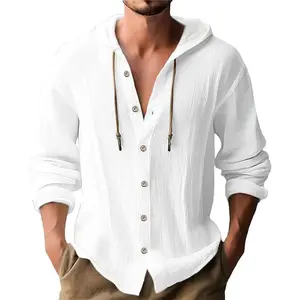 100%Cotton Men's Fashion Casual Beach Outdoor Hooded Long Sleeve Cardigan, Breathable Lightweight Linen Shirt,, All Seasons Wear Menswear