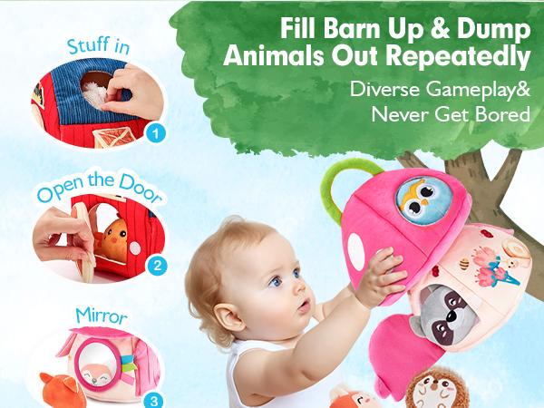 hahaland Surprise Barn with Stuffed Farm Animals/Bunny Mushroom:Rattle, Crinkle Paper, Mirror - Montessori Developmental toddler  Toys,Farm Plush Toys for Babies Travel Toy,For 0-3 Months/6-12  Months gift