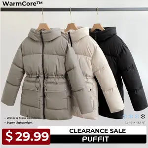 【Clearance】 PUFFIT WarmCore Premium Warmer Mid Length Waist Drawcord Premium Puffer Jacket Women Hood Winter, Ladies Outwear Coat Big Pocket with Waist Drawcord Winter Coat