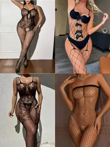 4pcs Women's Bodysuit & Sexy Lace Lingerie, Elastic Lingerie Set Black Mesh Corset Red Lace BlackFishnet garter Intimate Apparel babydoll Teddy Halter Neck