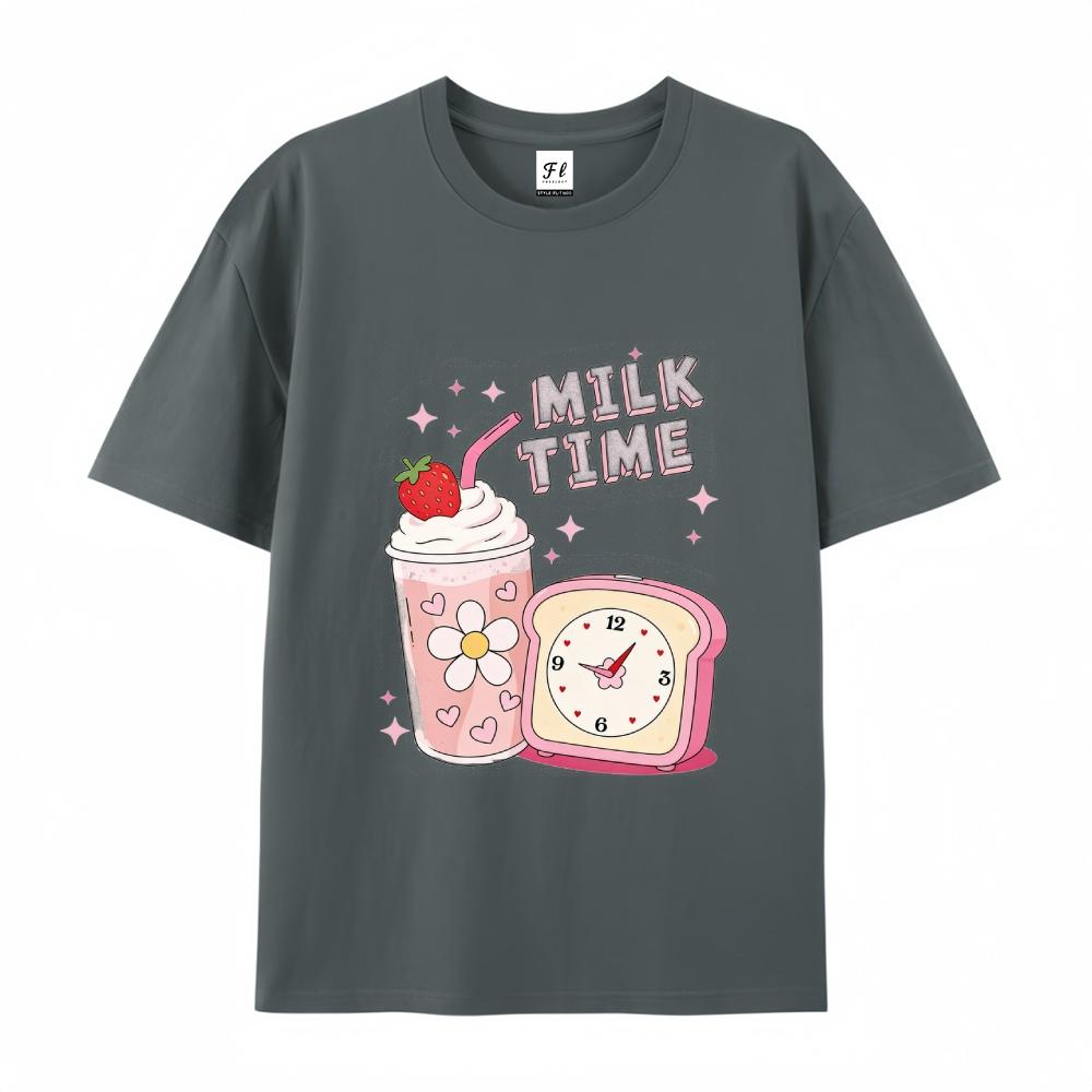 Milk Time Cute Strawberry Milkshake Retro Kawaii Graphic T-Shirt for Men & Women  Top