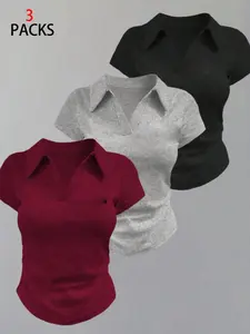 3 Piece Set Sexy Style V Neck Polo Short Tee, Slim Fit Casual Top, Perfect for Daily Wear & Stylish, Must-Have Fashion Item!
