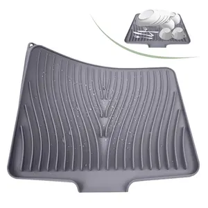 Silicone dish drying mat for kitchen counter, dish pads for drying with built-in drain lip, non-slip drain pad for kitchen sink drying mat, silicone heat resistant mats for countertop(15.8" x 13", Grey)