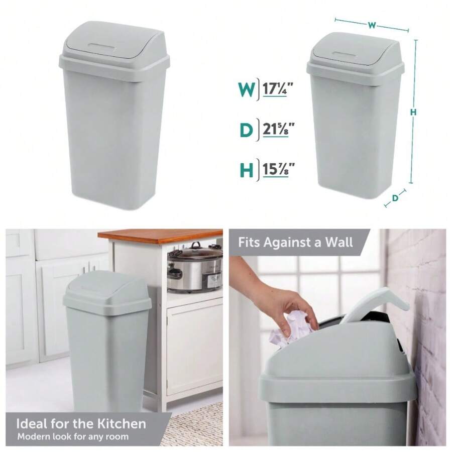 13 Gallon Kitchen Trash Can With Swing Lid Plastic Garbage Bin Light Gray