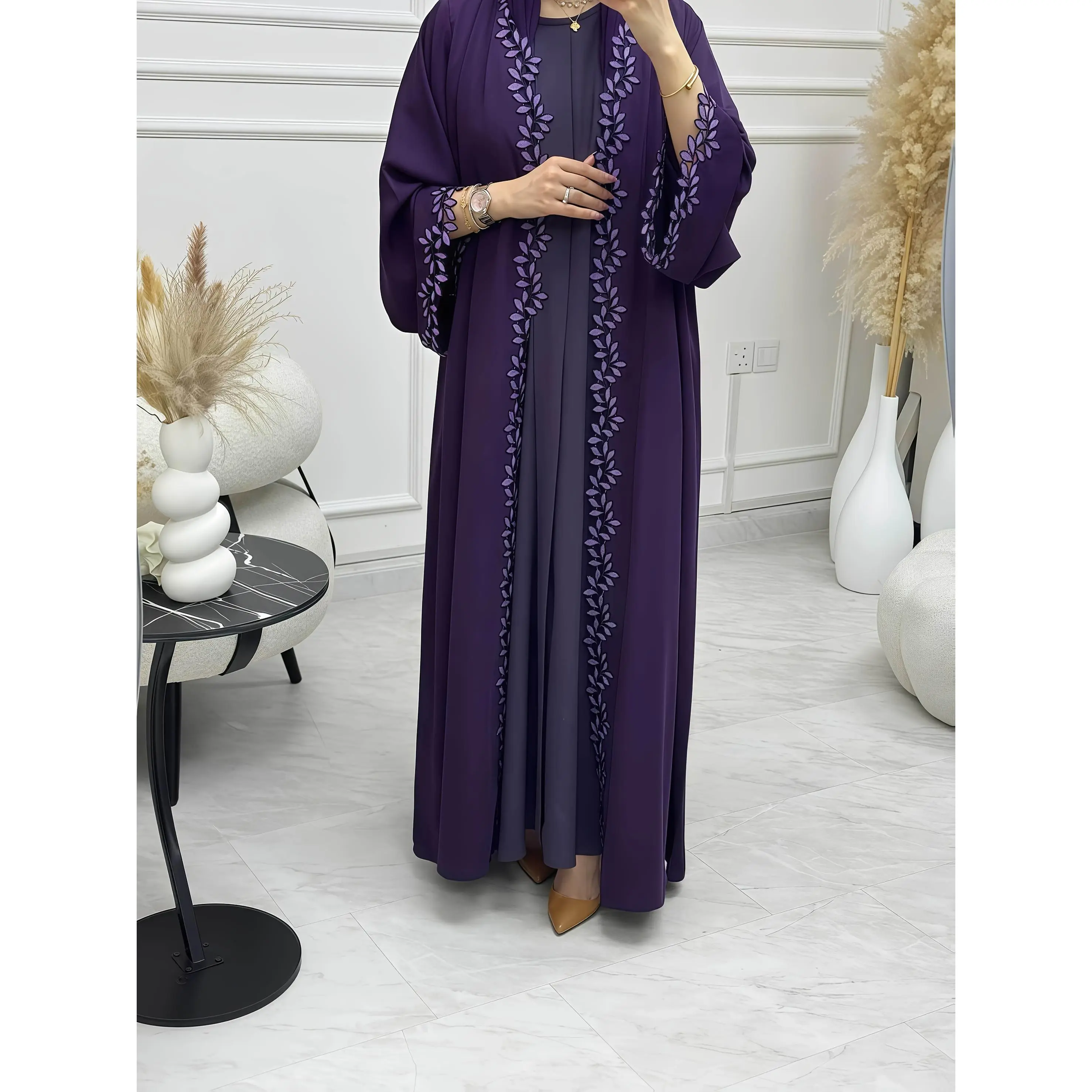 1pc Muslim Abaya Robe - Elegant Islamic Long Dress with Flowy Beige Gown, Non-Stretchy Fabric for Women, Modest Muslim Clothing for Everyday & Special Occasions (Islamic Wedding, Hajj, Umrah) - Middle Eastern Elegance, Hajj Attire, Artistic Embroidery, Hi
