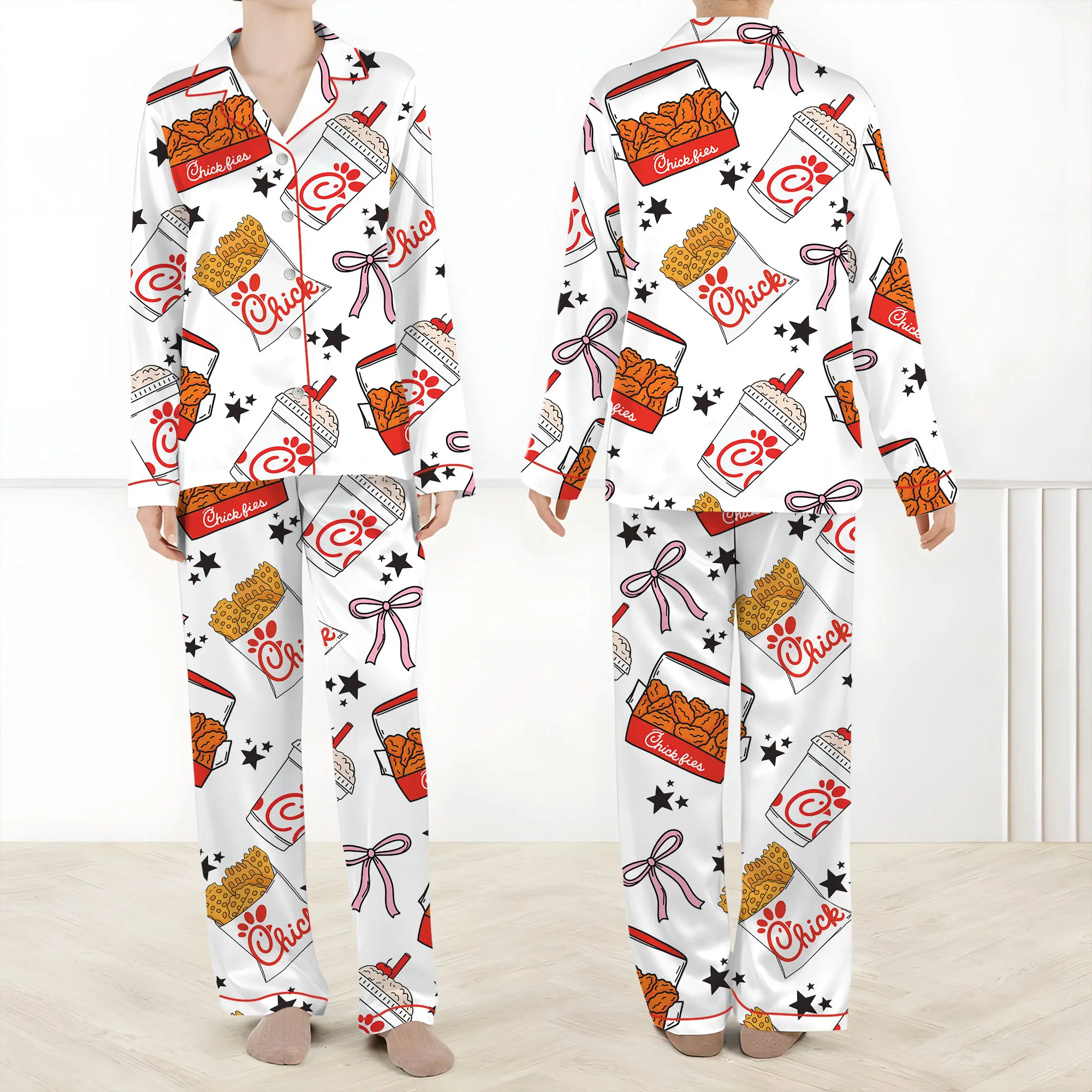 Chicken Nuggets Coquette Satin Pajamas for Women ,Funny Cute Chicken Sleepwear, Comfy Satin Lounge Set for Holiday Gift