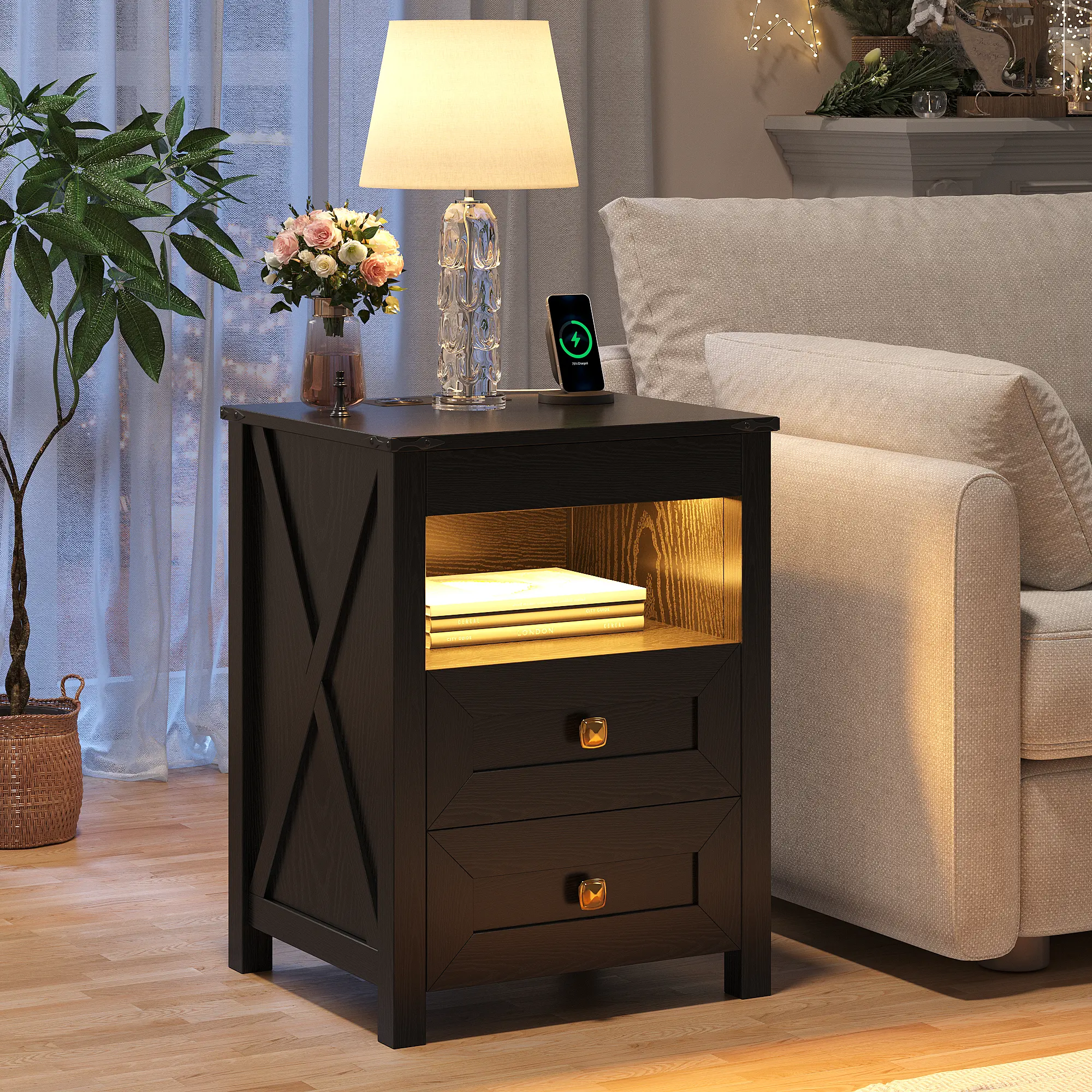 FREDEES Farmhouse Rectangular LED Narrow Side Table Nightstand - Lockable Safe Drawer, USB Charging Station (USB+Type-C+Wireless), 3-Color Mood Light Human Sensor, Lockable Cabinet, Assembly Required Modern Bedroom Space-Saving Indoor Furniture