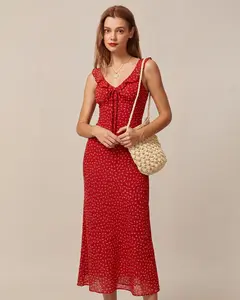 Rihoas Women's Red Retro Polyester Sleeveless Floral V-Neck Ruffle-Waisted Maxi Dress, Casual Wear Fabric Clothes for Women