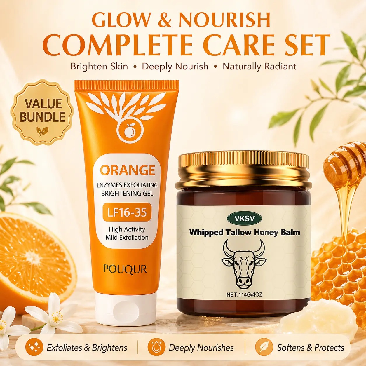 Skincare Duo - Orange Exfoliating Gel & Grass-Fed Beef Tallow Honey Balm (1 Item), Gentle Peeling, Deep Hydrating Moisture, Soothing Glowing Skin, Body Care for All Skin Types (Jumpstart Sale Deals)