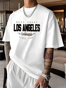 Men's Oversized Drop Shoulder Tee, West Coast Los Angeles Vintage Font, California & 1985 Year Logo, Breathable Fabric, Casual Streetwear