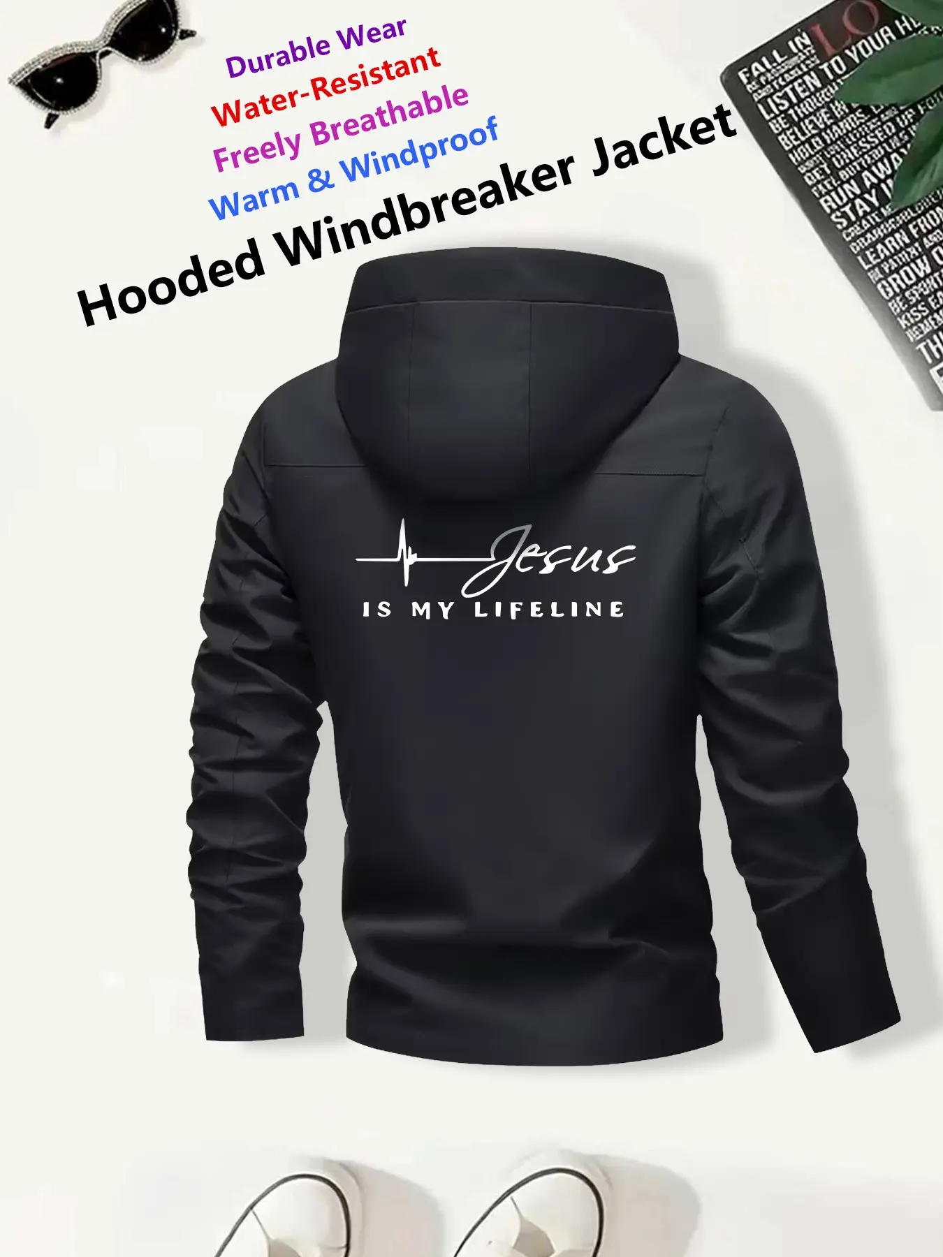 Women's Hooded Windbreaker Jacket Back Jesus Is My Lifeline EKG Line Art Faith-Themed Print Stylish Minimalist Windproof Water-Resistant Warm Breathable Durable Ideal for Young Ladies Daily Commute Leisure Outings in Spring Autumn Winter