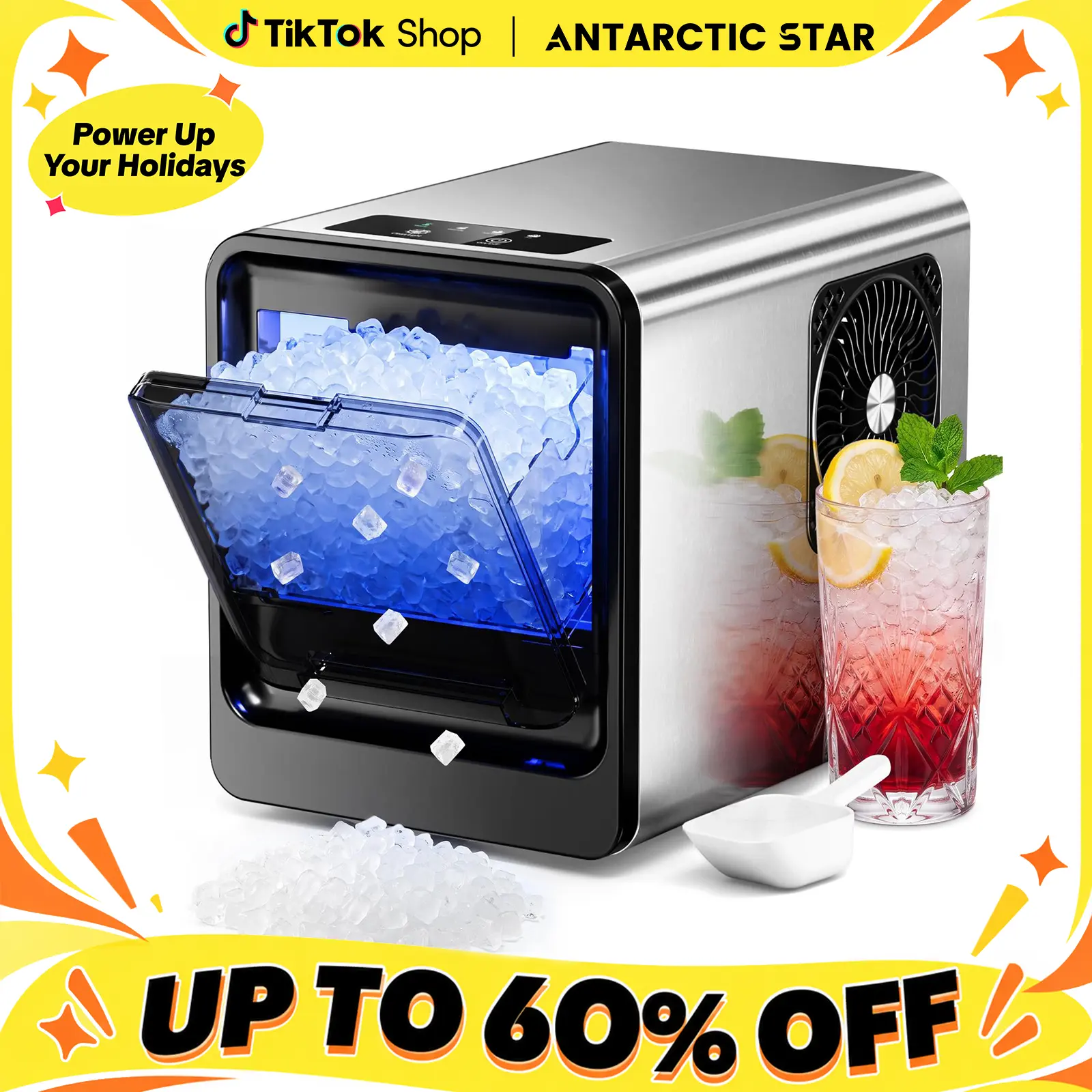 Antarctic Star Countertop Icemakermachine - 35Lbs/24H, 5 Mins Ice Ready, Low-Noise, 2 Water Fill Ways, Self-Clean, Timer, Double-Door, 9.45x12.2x14.96", LED Control, with Scoop & Basket, Made for Home & Office Use, Kitchen Household Appliance
