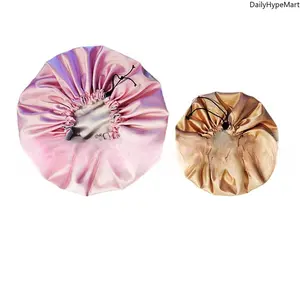 Polyester Double-Layer Stretch Satin Sleep Cap, Silky Color-Block Double-Sided Drawstring Bonnet