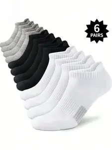 6 Pairs of Men's Athletic Socks Running-Specific Black, White, Gray Solid Colors Invisible Socks Cushioning Design All-Season Wear
