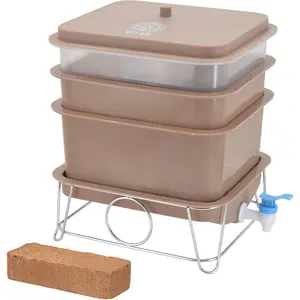 WN55 4-Tray Worm Composting Bin Kit with Coco Coir Brick for Recycling Food Waste, Worm Castings, Worm Tea, Vermiculture and Vermicomposting, Tan