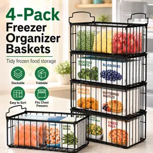 StowCraft Freezer Organizer Bins, 4 Pack Stackable Foldable Metal Wire Baskets with Handles, Deep Chest Freezer Food Storage Bins for 5/7 Cu.FT Freezers, Pantry & Cabinet Organization