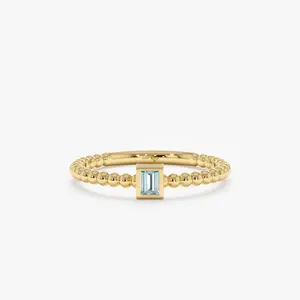 Aquamarine Ring In Solid Gold Beaded Design, Liv
