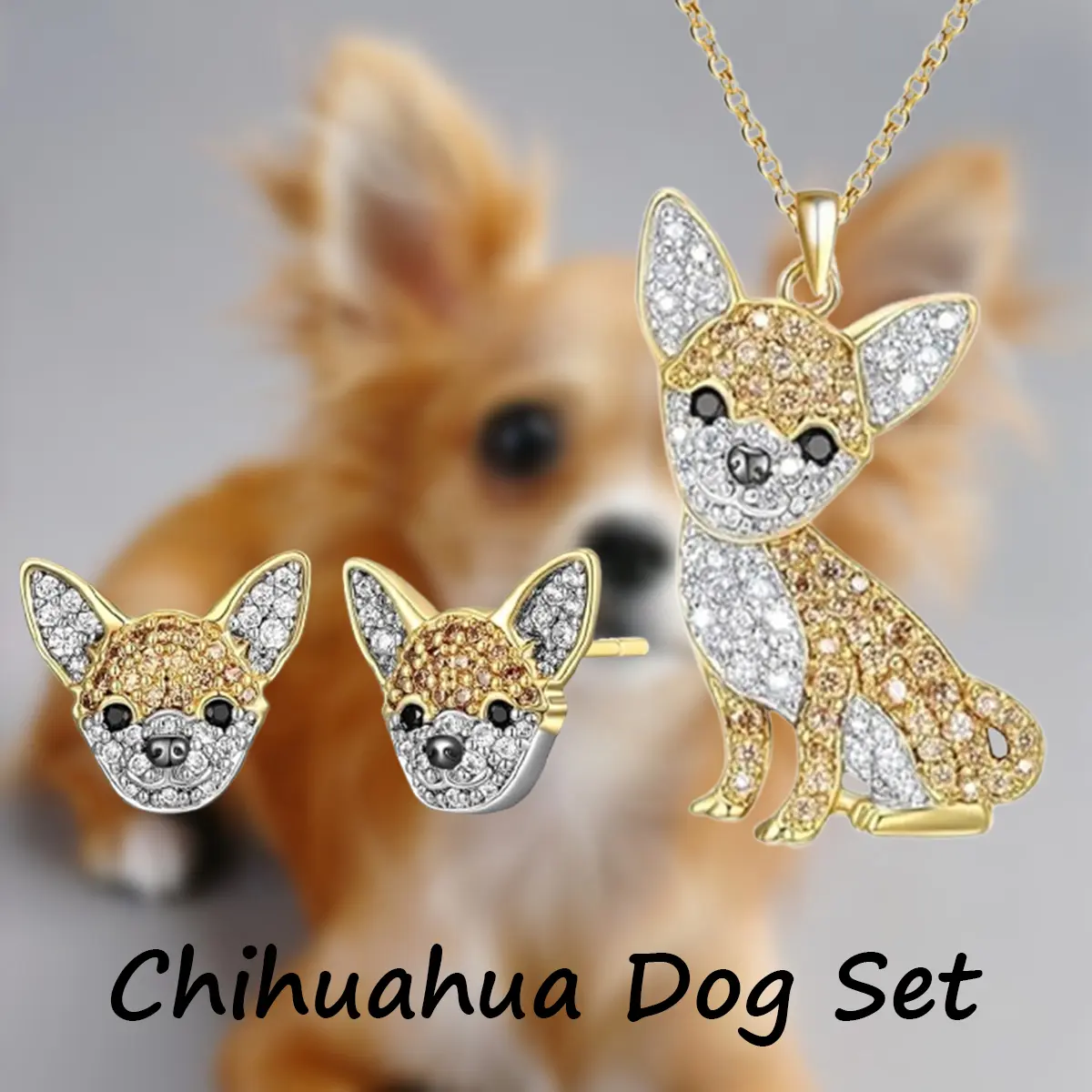 Golden Alloy 3-Piece Chihuahua Pendant Necklace & Puppy Earrings Costume Jewelry Set - Cute Daily Fashion Accessory, Ideal Gift for Birthdays, Holidays, Stud, Animals, Everyday