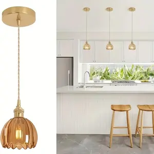 Vintage Brass Adjustable Hanging Lamp, Tulip Glass Shade, Suitable for Kitchen Island, Dining Room, Hallway, Home Use, No Bulb Included
