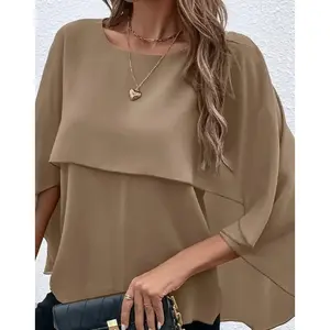 Solid Layered Cloak Sleeve Blouse, Versatile Crew Neck Blouse For Spring & Fall, Women's Clothing