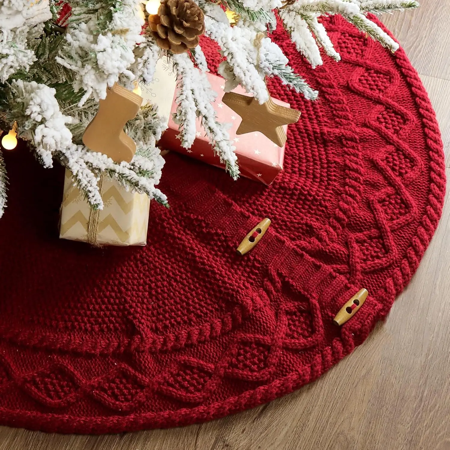 36 inch Christmas Tree Skirt: Pencil Tree Skirt for 6ft Tree, Diamond Edge Knit Small Wine Red Tree Skirt, Vintage Tree Skirts, Rustic Farmhouse Christmas Decorations