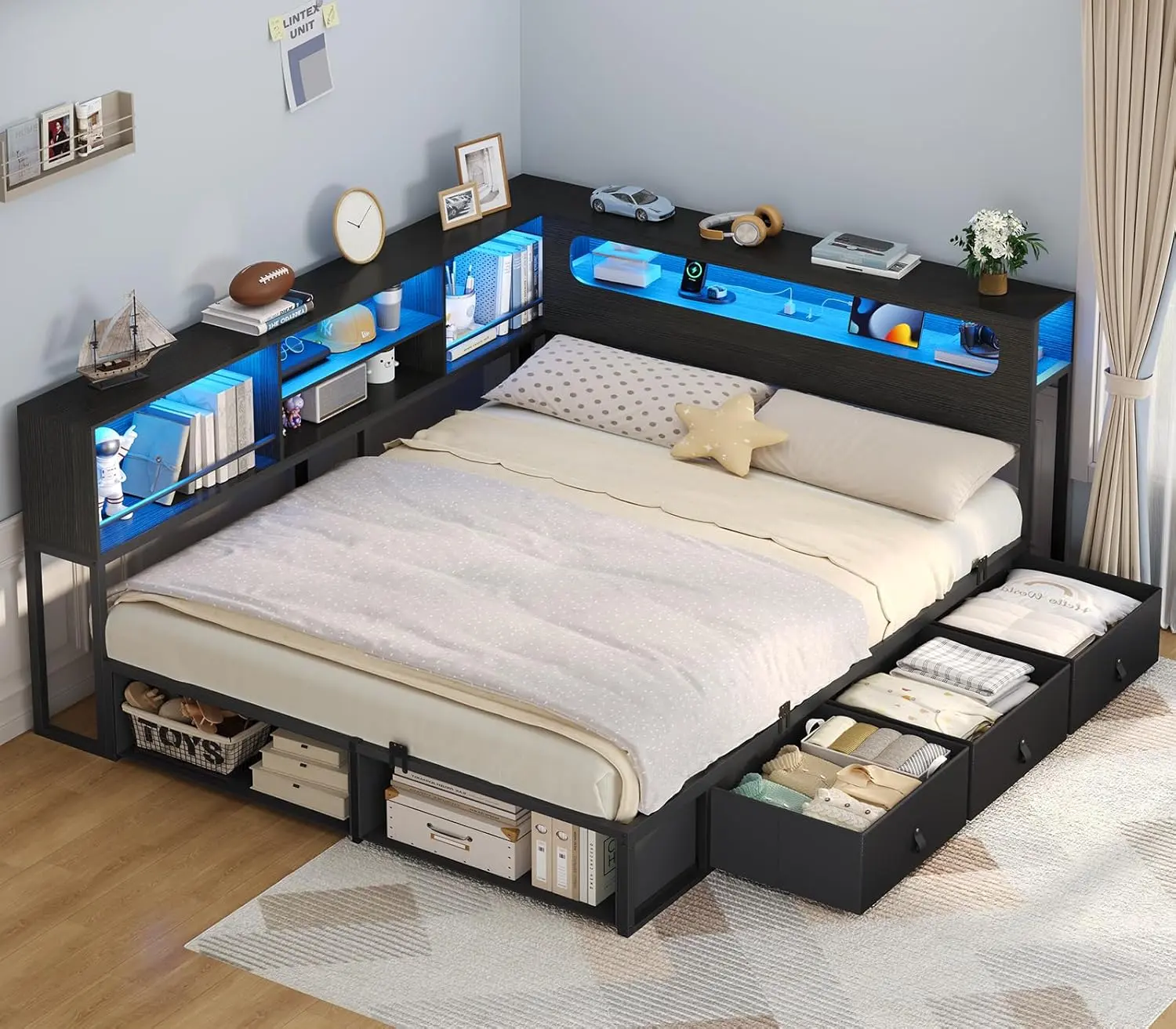ADORNEVE Full Size Smart Corner Platform Storage Bed Frame - Metal Daybed with Headboard, Storage Drawers, Bookcase, RGB Lights, Power Outlet, 3 Drawers & 2 Open Cubbies for Teens, Small Spaces, Smart Bed, Platform Storage Bedframe