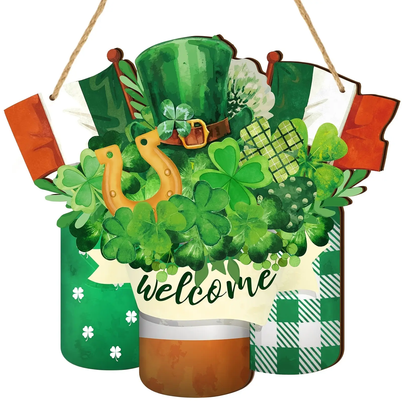 Farmhouse Wood St. Patrick's Day Door Hanger, Shamrock Welcome Sign for Irish Cottage Decor, Spring Summer Home Decoration