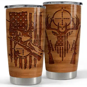 Patriot Spirit Hunting American Flag Tumbler 20oz Wood Grain Insulated Stainless Steel Coffee Mug with Lid Gift for Husband Dad Men on Father's Day or Christmas