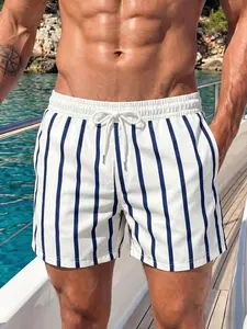 Men's White And Navy Striped Swim Trunks, Drawstring Beach Shorts With Pockets, Casual Swimwear For Summer Vacation