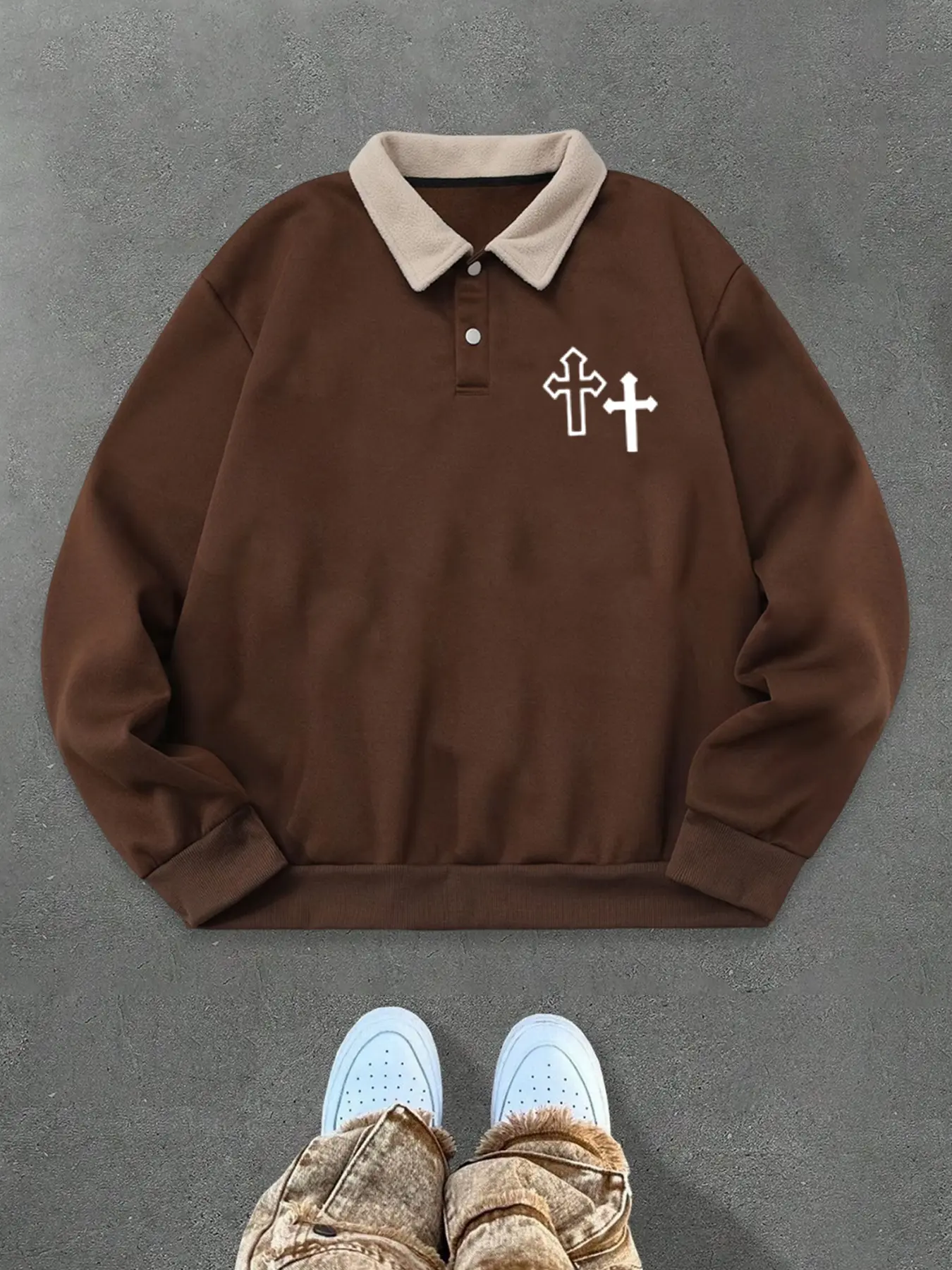 Men's Fall Winter Half Button Polo Neck Sweatshirt, Cross Pattern Print Design, Comfortable Fabric, Casual Fashion, Daily Wear