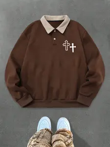 Men's Fall Winter Half Button Polo Neck Sweatshirt, Cross Pattern Print Design, Comfortable Fabric, Casual Fashion, Daily Wear