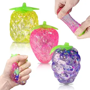 Pressure Balls Set of 3, Glitter Fruit Shape Squeeze Toys, Sensory Stress Relief, Stretching Squishy Balls, Party Favors, Random Styles & Colors