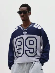 American Vintage Sporty V-Neck Sweatshirt, Colorblock Patchwork + 99 Number Mesh Print, Loose Short Sleeve Trendy Hoodie
