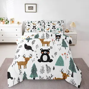 Cartoon Animal Bedding Set,Forest Animals Kids Comforter Sets for Girls Boys,Cute Bear Deer Print Quilt,Farmhouse Woodland Decor Duvet Set