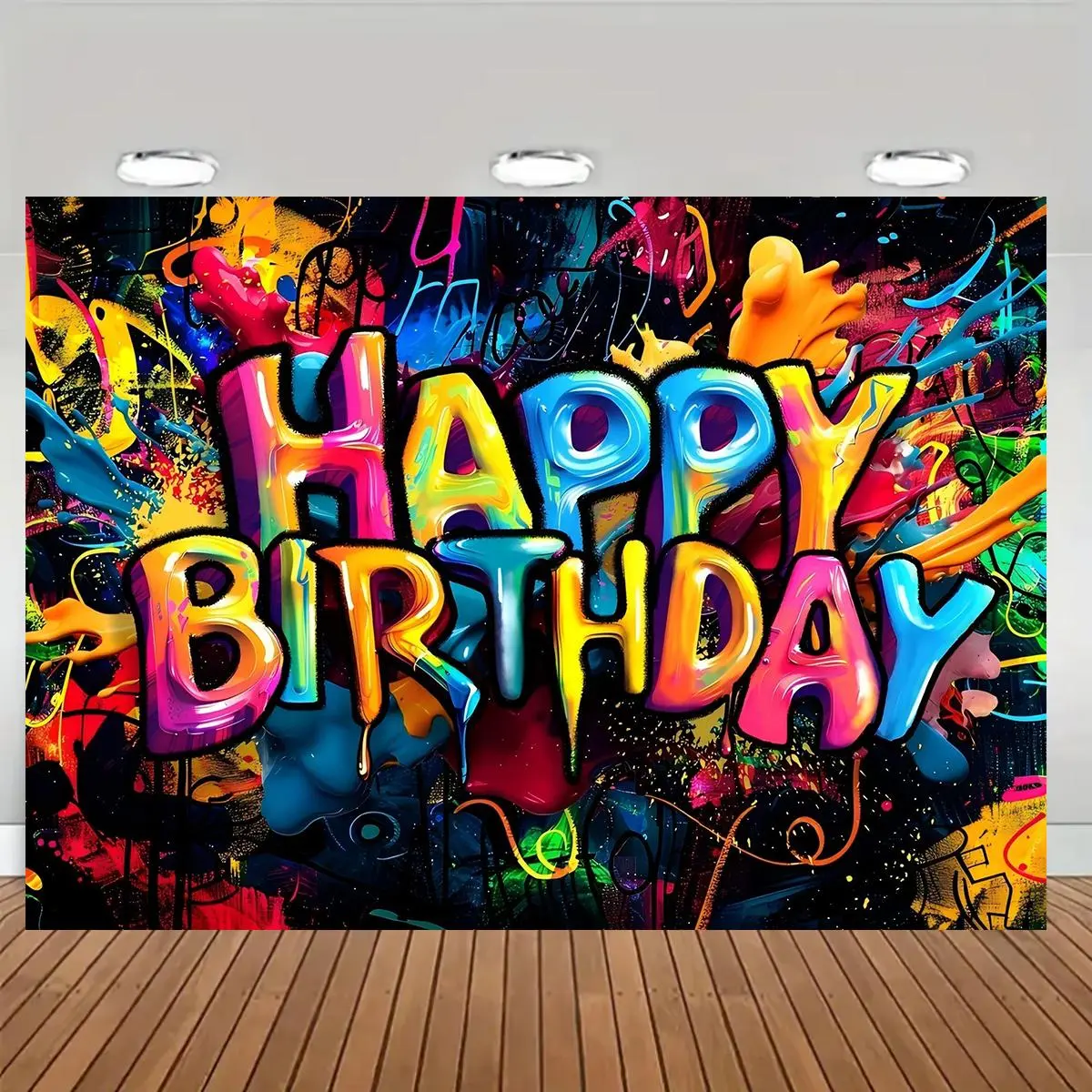 Colorful Graffiti Happy Birthday Banner, Birthday Party Backdrop, Photo Props Background Cloth, Indoor & Outdoor Decoration Supplies, Ornaments