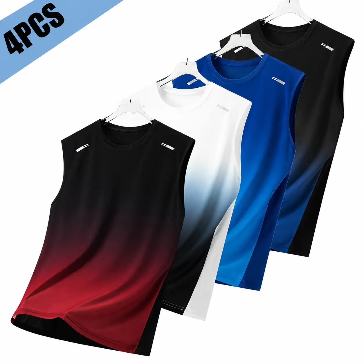 Men’s 4-Pack Spring/Summer Lightweight Loose Fit Fashion Printed Gradient Crew Neck Mesh Tank Tops, Sports Apparel for Outdoor Running, Training, Athletic Activewear, Black & Gray + Black Blue + Rainbow Orchid + Black