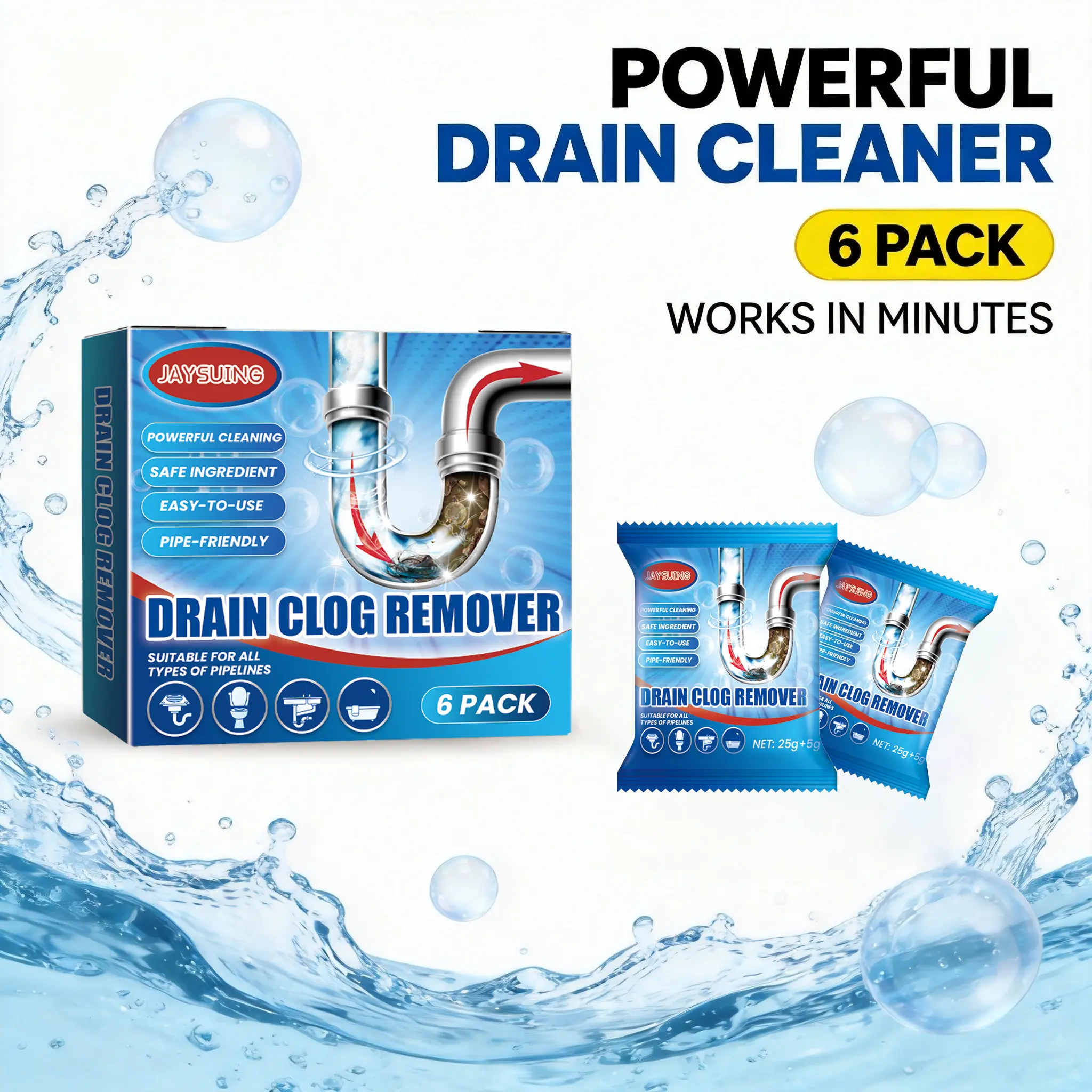 Ultra Powerful Drain Unclogger Effervescent Tablets, Fast Foaming Pipe Cleaner for Kitchen Bathroom Sink, Dissolves Hair Grease Clogs, Kills 99% Bacteria & Eliminates Bad Odor, Pipe-Safe Unscented Formula, 1 Box