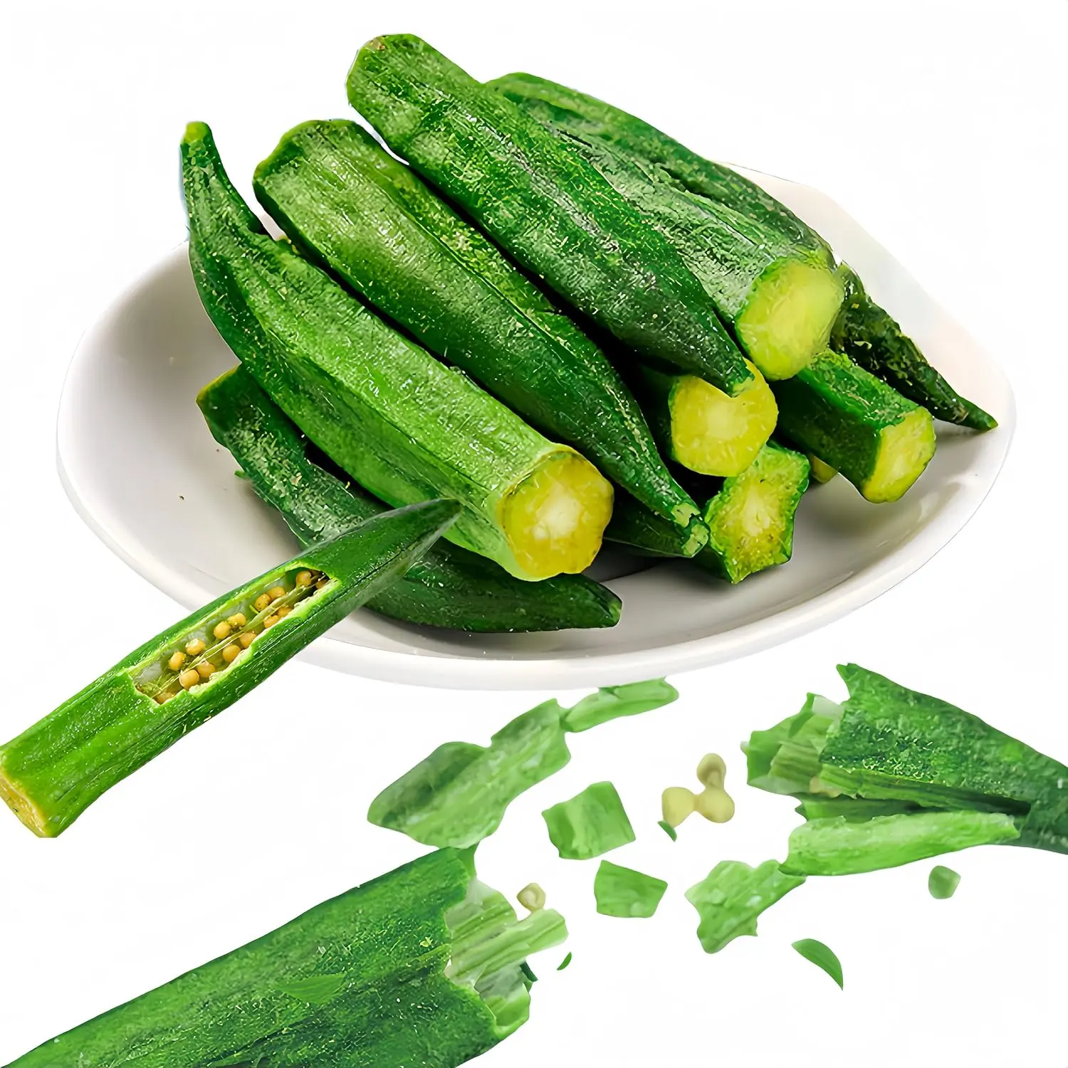 Okra Chips Freeze Dried Vegetables  Crunchy Dehydrated Okra Crisp, Sea Salt Flavor Chinese Snacks, Resealable Bag (4.41 Oz)