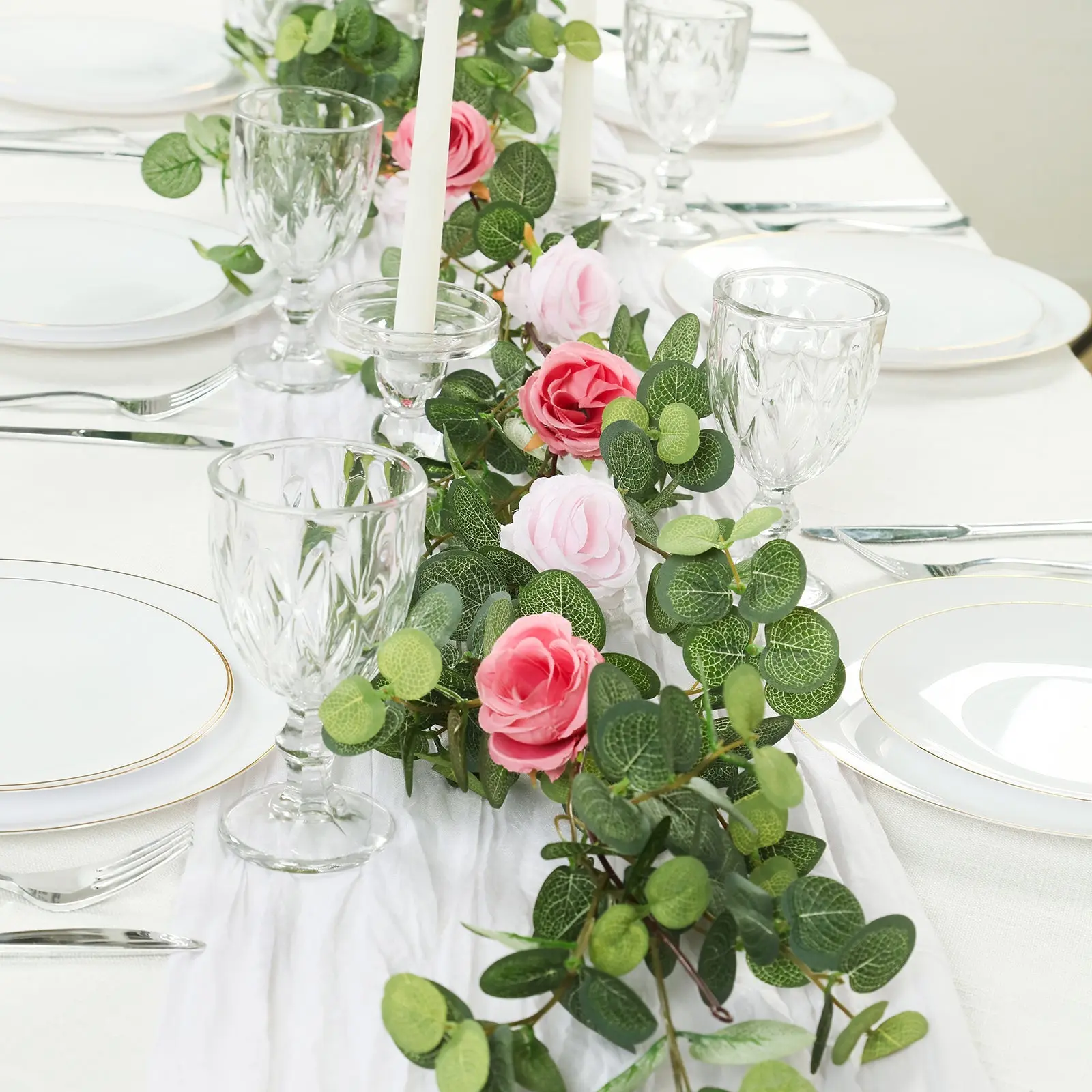 6ft Artificial Eucalyptus Garland with Blush-Dusty Rose Silk Roses, Faux Greenery Vine for Decorative Wedding & Floral Decor, Home Room Ornament, Wedding Decor